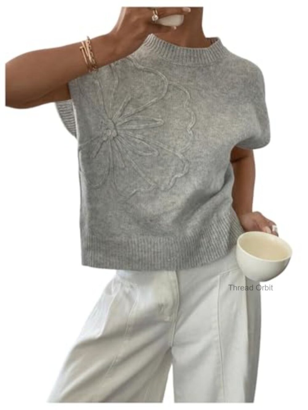 Women's Short Sleeve Sweater 3D Floral Knit Pullover Tank Top
